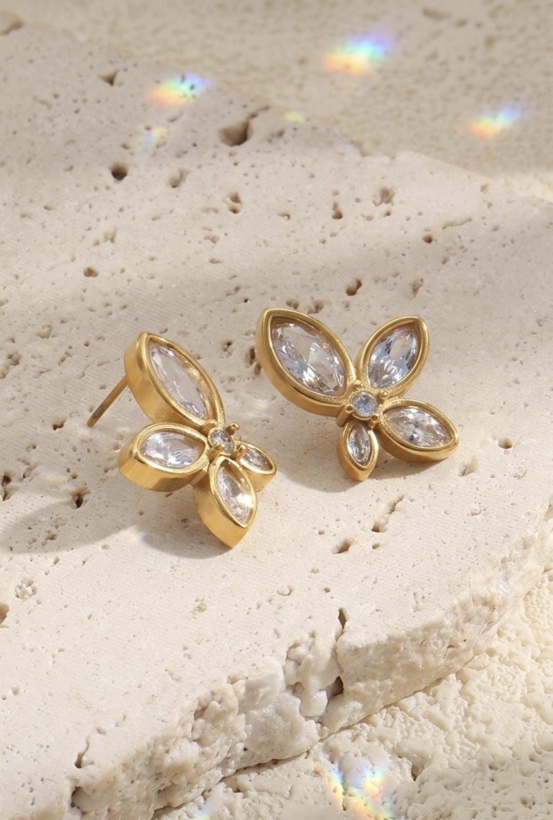 Lily Flower Earrings, 18K Gold Plated Zircon Stud Earrings, Floral Crystal Earrings, Dainty Jewelry Gift for Women
