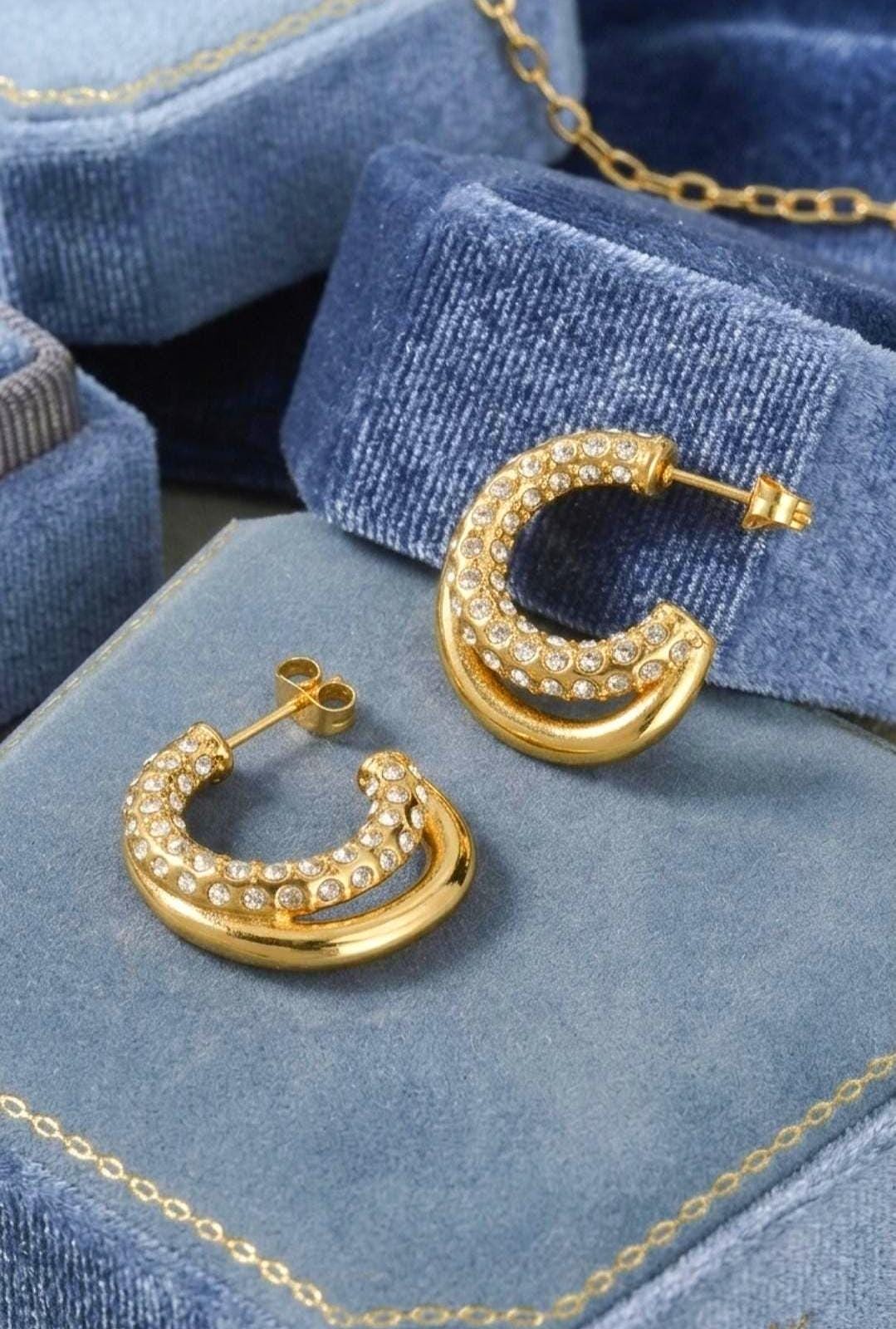 Nova Gold Hoop Earrings, 18K Gold Plated Zircon Hoop Earrings, Chunky Huggie Earrings, Minimalist Everyday Jewelry Gift
