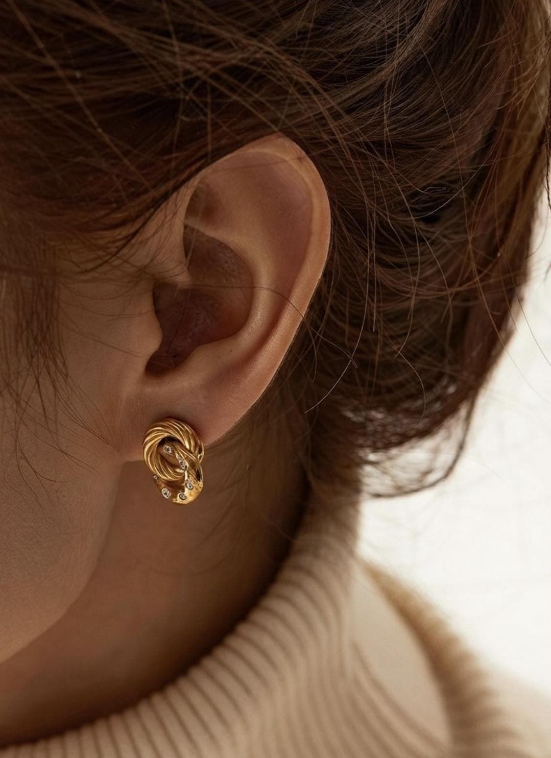 Gold Knot Stud Earrings, Cubic Zirconia Earrings, 18K Gold Plated Stainless Steel, Waterproof Hypoallergenic Earrings Gift for Women