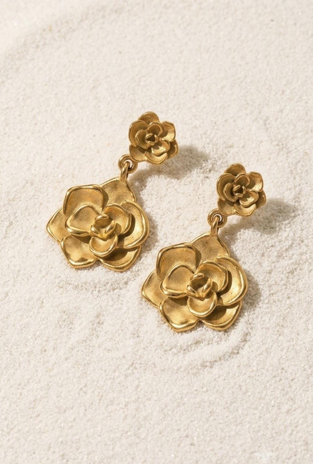 Flower Drop Earrings, 18K Gold Plated Stainless Steel Floral Dangle Earrings, Water Resistant Hypoallergenic, Gift for Women