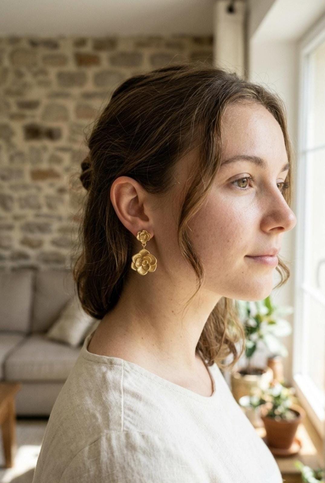 Flower Drop Earrings, 18K Gold Plated Stainless Steel Floral Dangle Earrings, Water Resistant Hypoallergenic, Gift for Women
