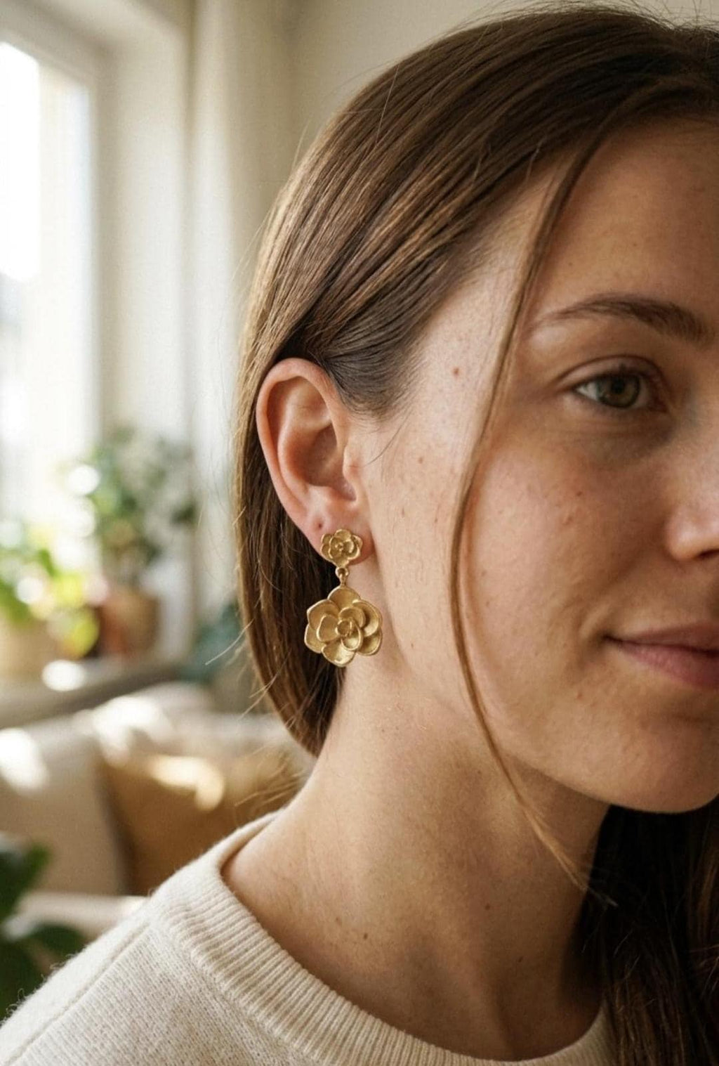Flower Drop Earrings, 18K Gold Plated Stainless Steel Floral Dangle Earrings, Water Resistant Hypoallergenic, Gift for Women