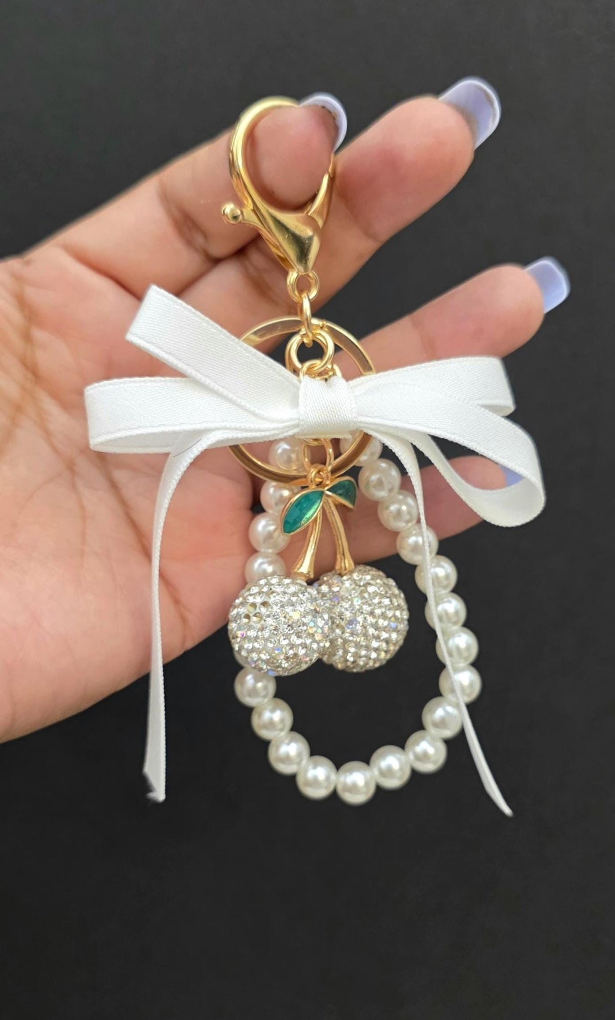 Glitter Cherry Keychain, Cute Bag Charm, Pearl Bow Keyring, Girly Gift
