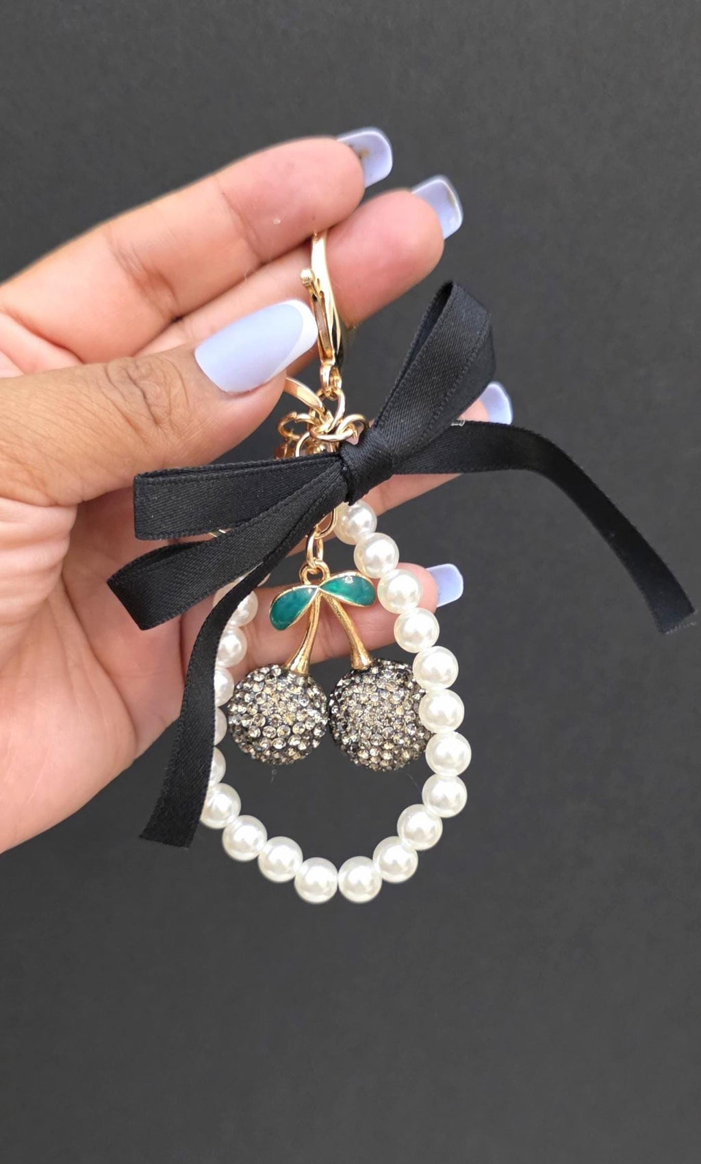 Glitter Cherry Keychain, Cute Bag Charm, Pearl Bow Keyring, Girly Gift