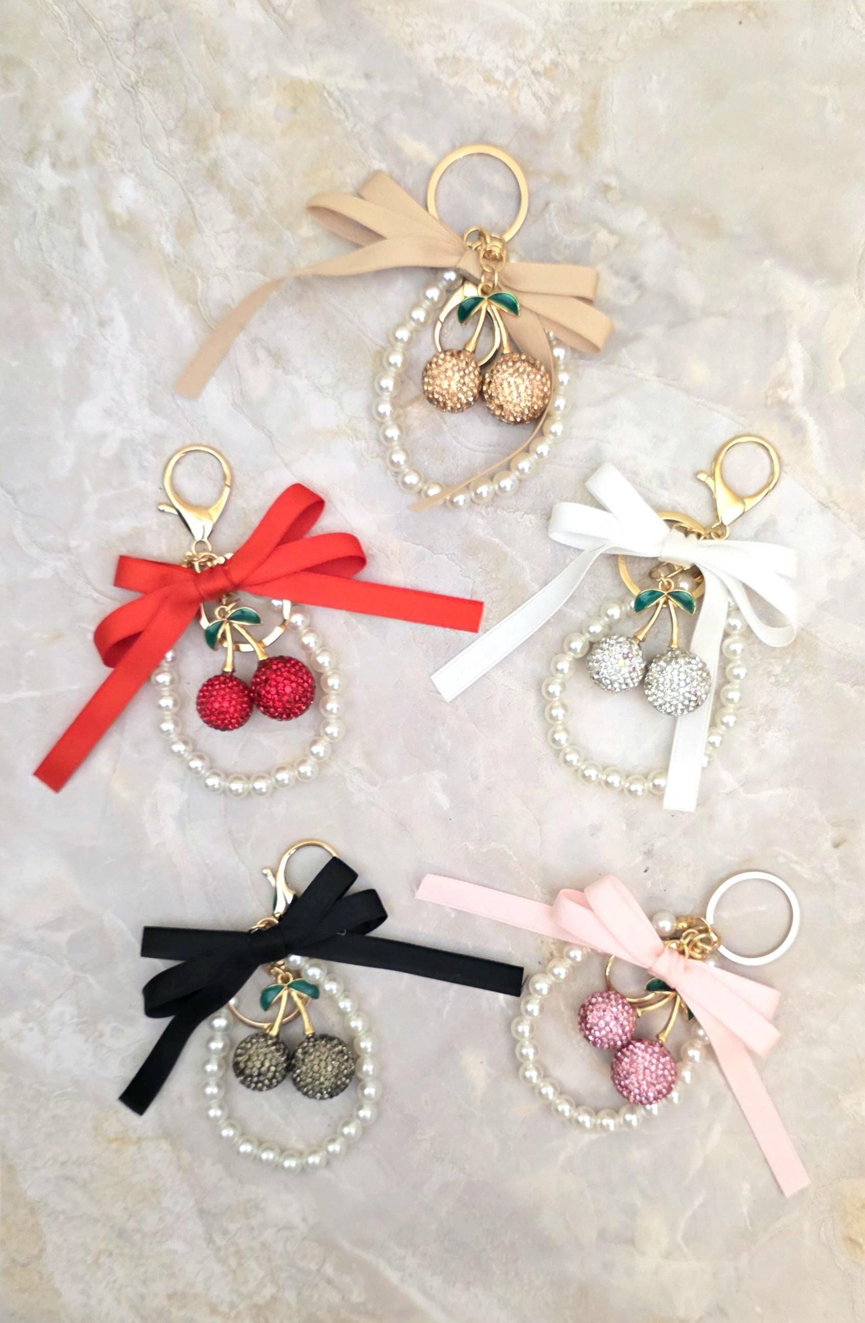 Glitter Cherry Keychain, Cute Bag Charm, Pearl Bow Keyring, Girly Gift