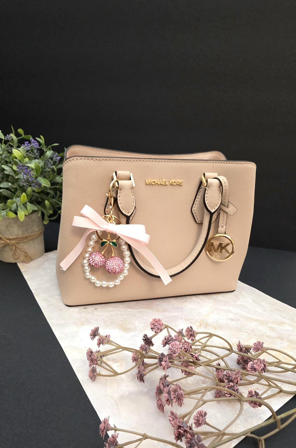 Glitter Cherry Keychain, Cute Bag Charm, Pearl Bow Keyring, Girly Gift