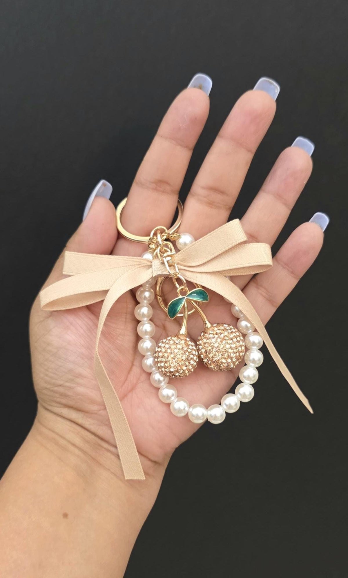 Glitter Cherry Keychain, Cute Bag Charm, Pearl Bow Keyring, Girly Gift