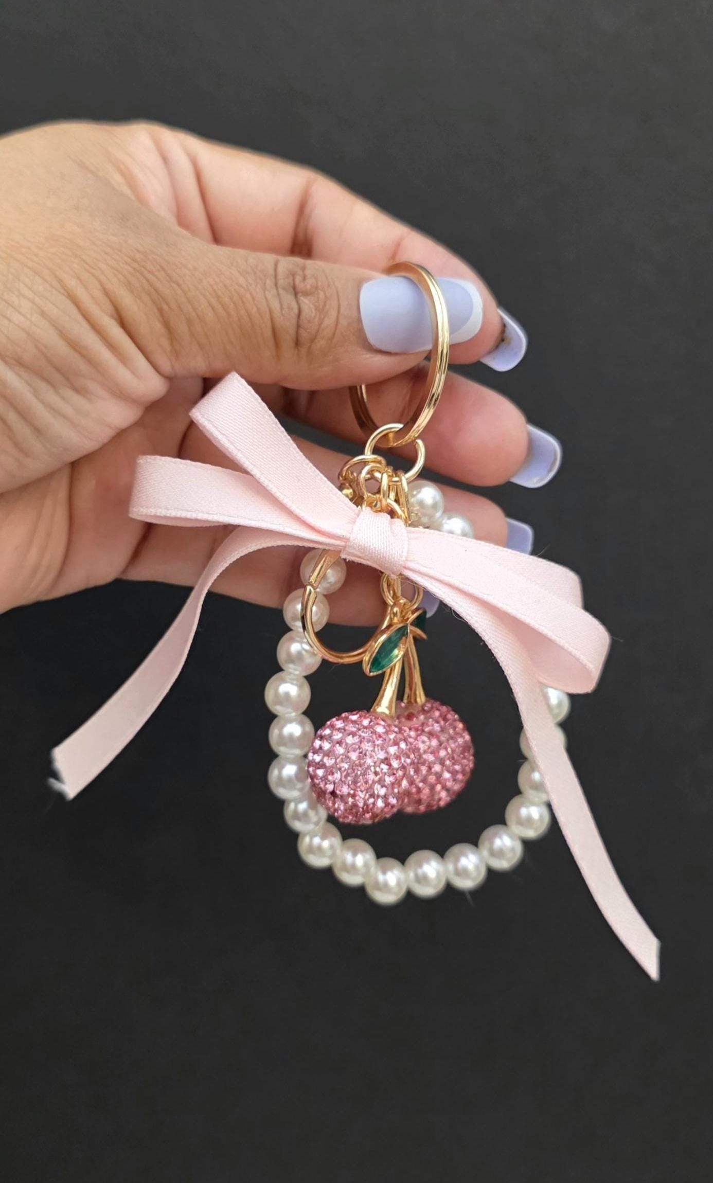 Glitter Cherry Keychain, Cute Bag Charm, Pearl Bow Keyring, Girly Gift