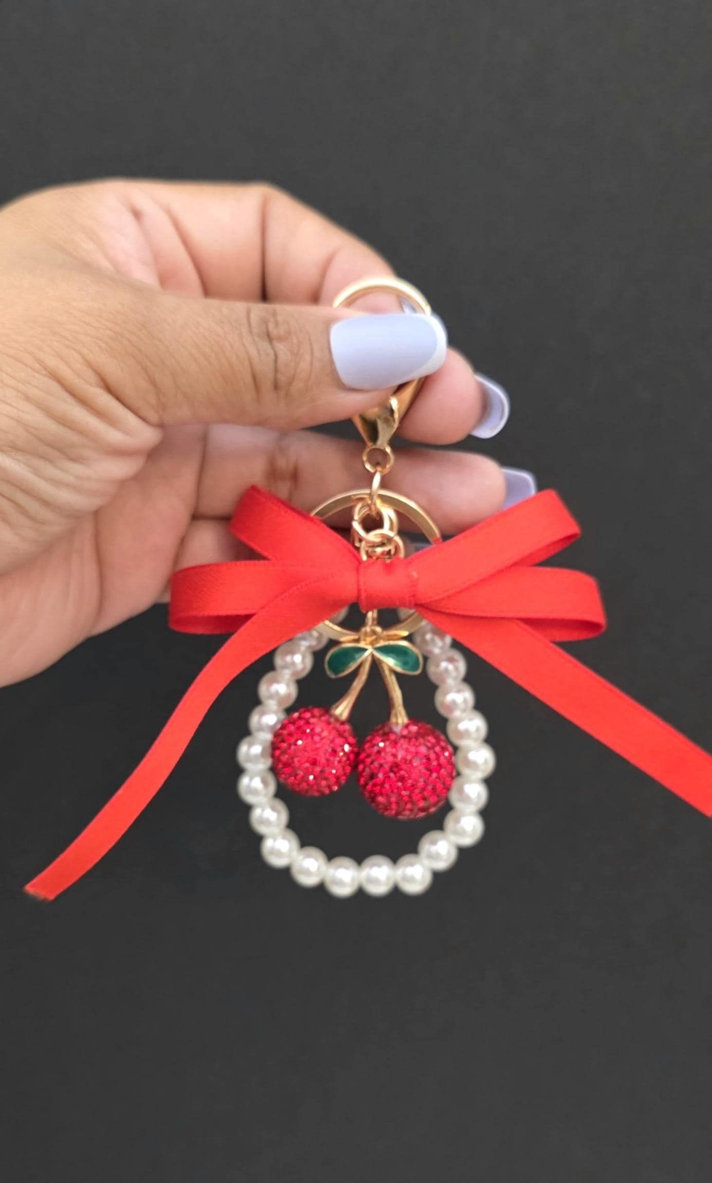 Glitter Cherry Keychain, Cute Bag Charm, Pearl Bow Keyring, Girly Gift