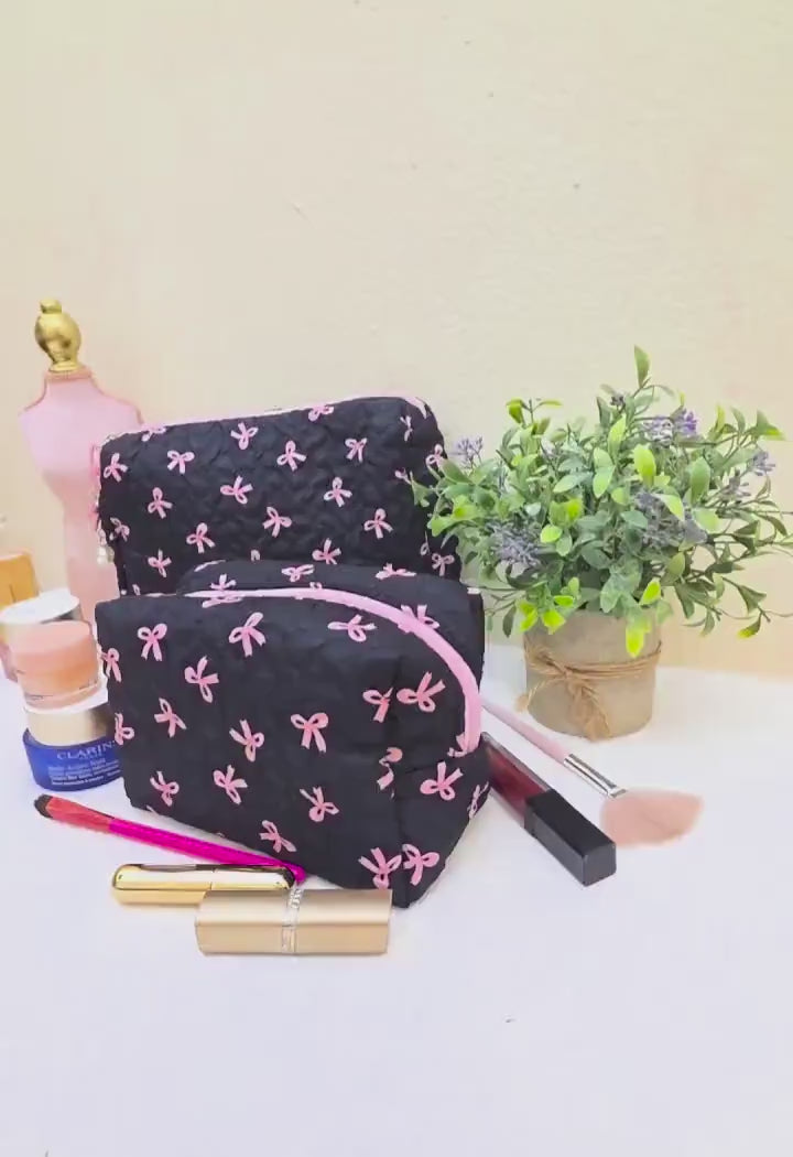 Black Coquette Quilted Makeup Bag, Pink Bow Cosmetic Pouch, Travel Toiletry Organizer