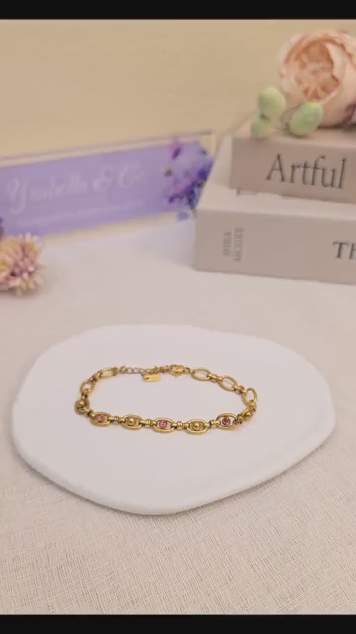 18K Gold Plated Pink Stone Chain Bracelet – Stainless Steel Dainty Jewelry