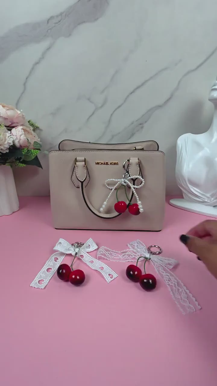 Cherry Keychain with Pearl Bow, Glossy Fruit Bag Charm, Kawaii Purse Accessory
