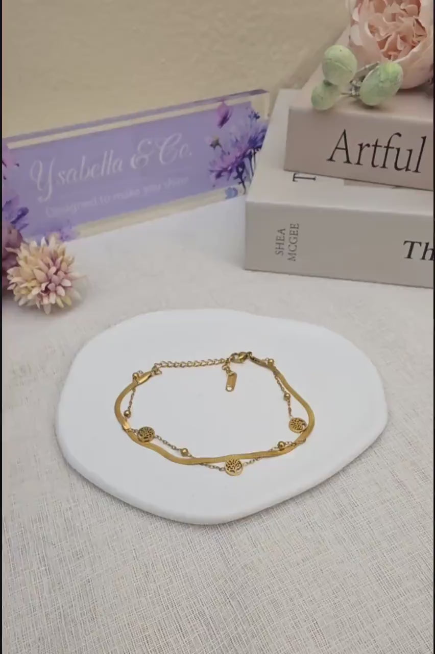 18K Gold Plated Tree of Life Bracelet, Stainless Steel Double Chain Dainty Layered Jewelry