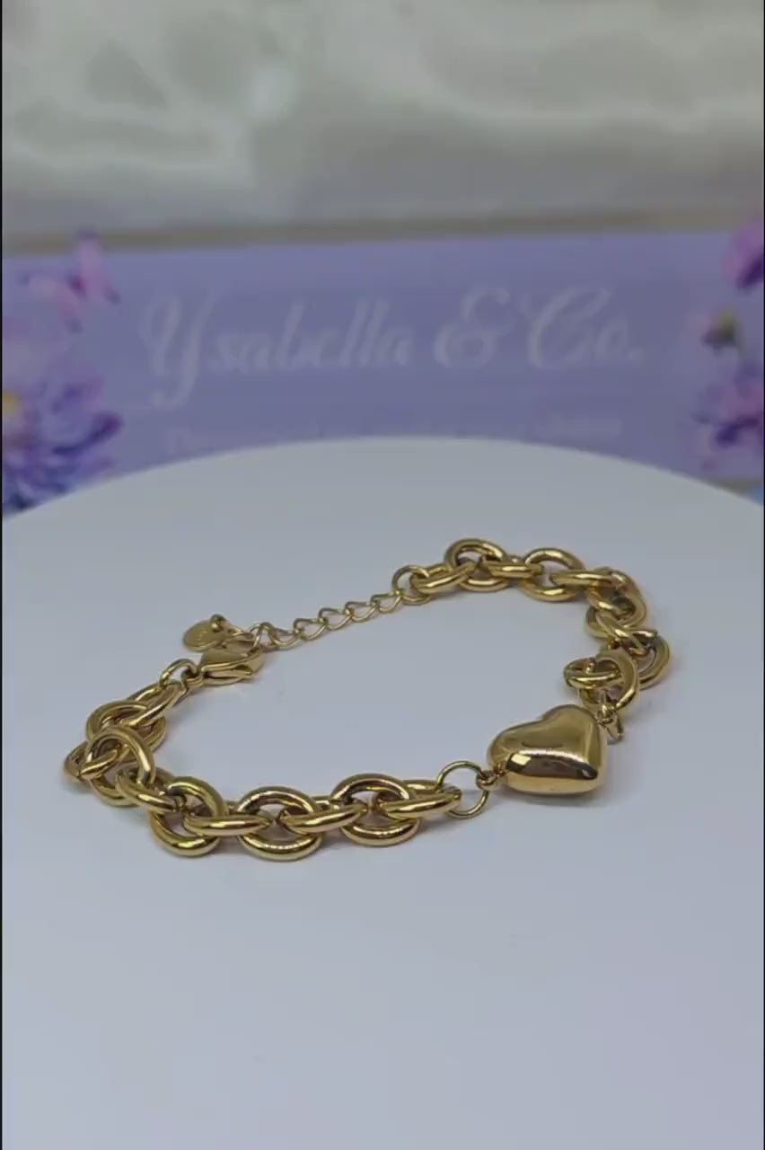 Gold Heart Chain Bracelet, Stainless Steel Chunky Link, Dainty Charm Jewelry, Adjustable