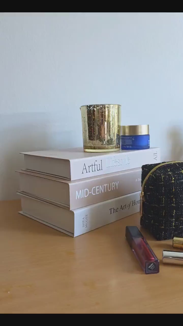 Textured Woven Cosmetic Bag, Gold Accents, Black White Makeup Pouch
