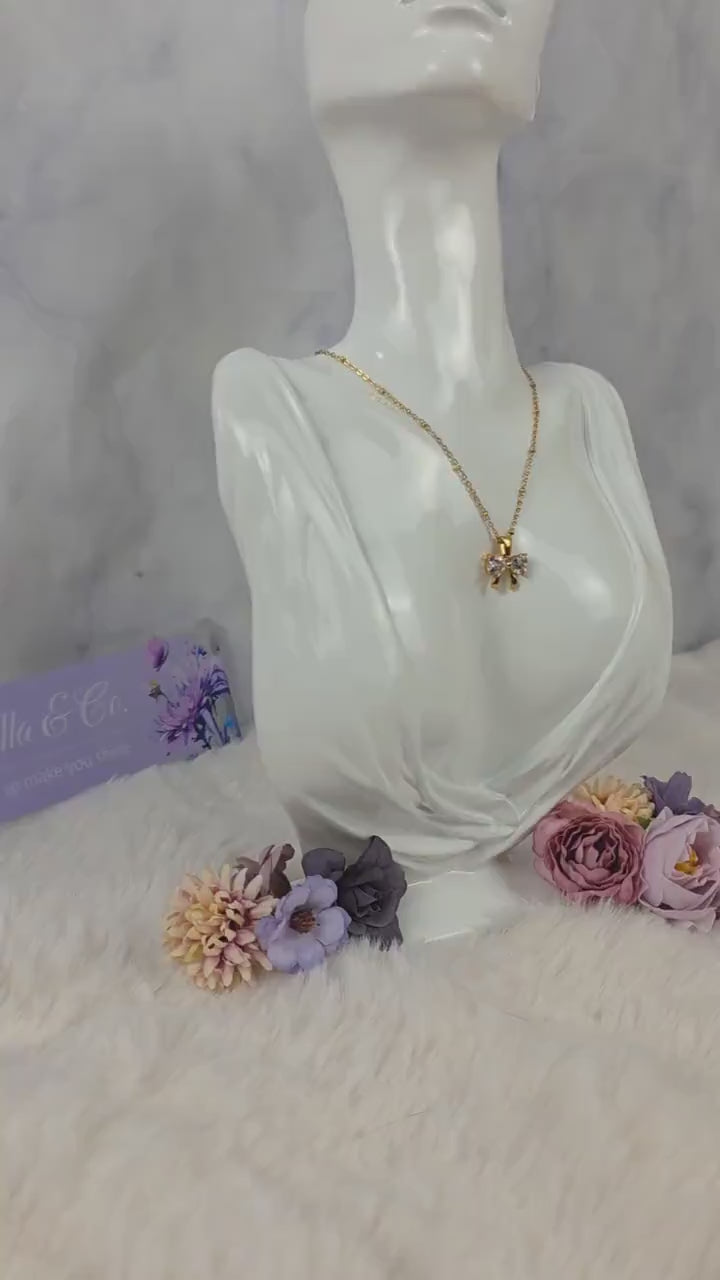Gold Bow Necklace | Crystal Pendant, 18K Plated Stainless Steel, Dainty Coquette Jewelry