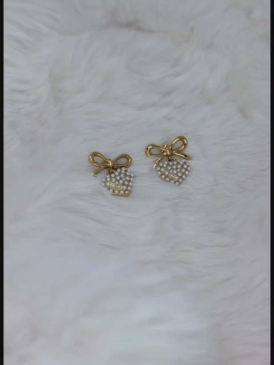 Gold Bow Heart Pearl Earrings, 18k Plated Stainless Steel, Coquette ,Romantic Jewelry