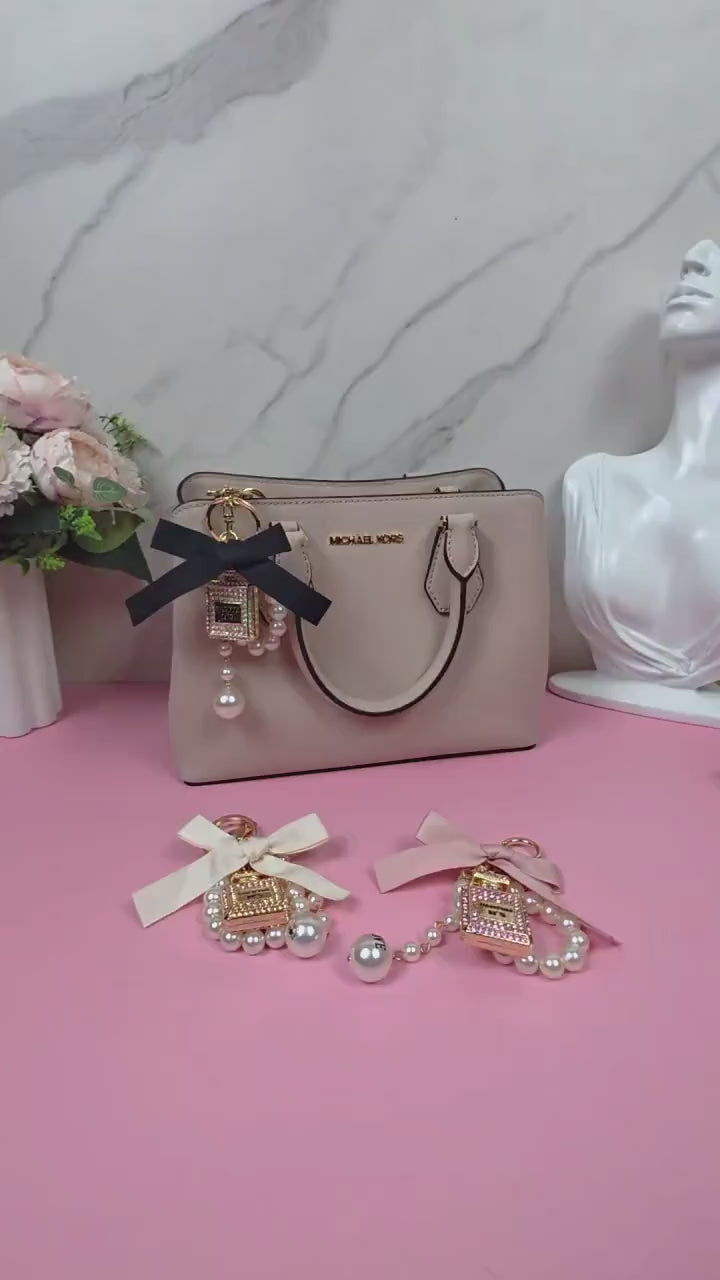 Gold Perfume Bottle Charm Keychain, Faux Pearl, Satin Bow, Rhinestone Bag Accessory