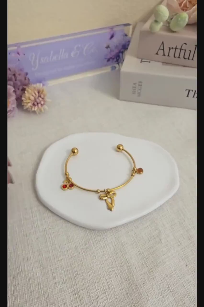 18K Gold Plated Stainless Steel Bow Cherry Charm Bracelet – Adjustable Bangle