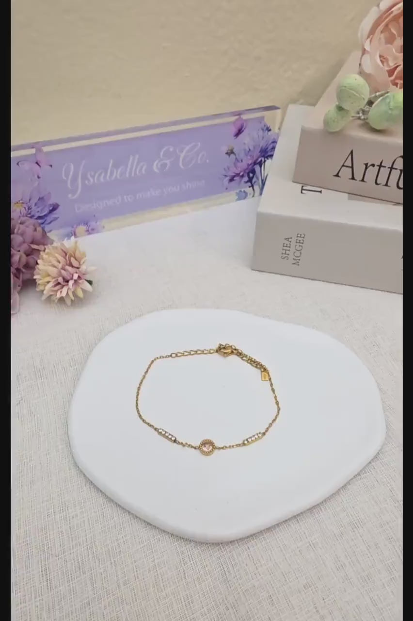 18K Gold Plated Pink CZ Bar Bracelet – Stainless Steel Chain Jewelry.Dainty Gift