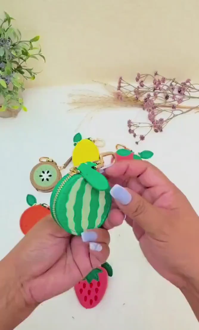 Vegan Leather Fruit Coin Purse Keychain, Mini Zipper Pouch, Kawaii Bag Charm