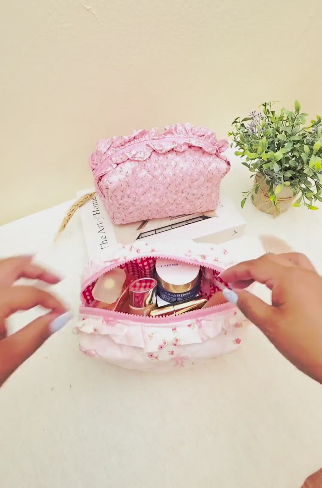 Floral Cosmetic Bag, Pink Ruffle Pouch, Travel Toiletry Organizer