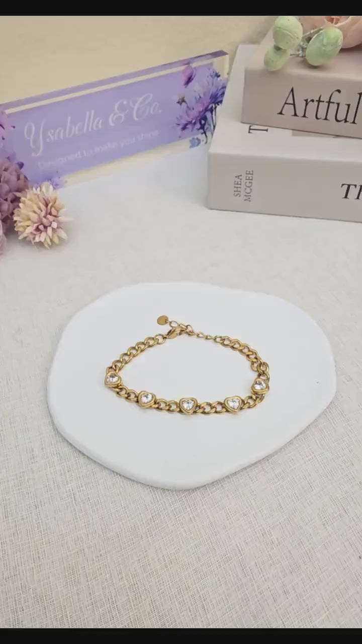 18K Gold Plated Heart Bracelet, Stainless Steel CZ Chain, Romantic Jewelry